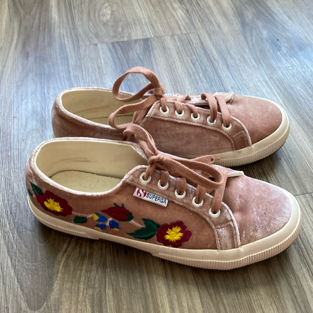Superga Blush Pink Velvet Fabric Floral Embroidered Sneakers